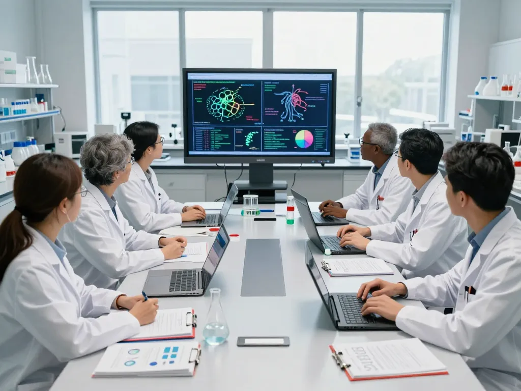 Collaboration among researchers at https://nddo.org focused on neurodegenerative disease studies in a bright lab.
