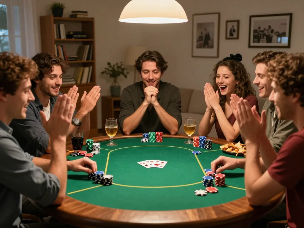 Friends celebrating a winning hand in a poker game night with luck8.
