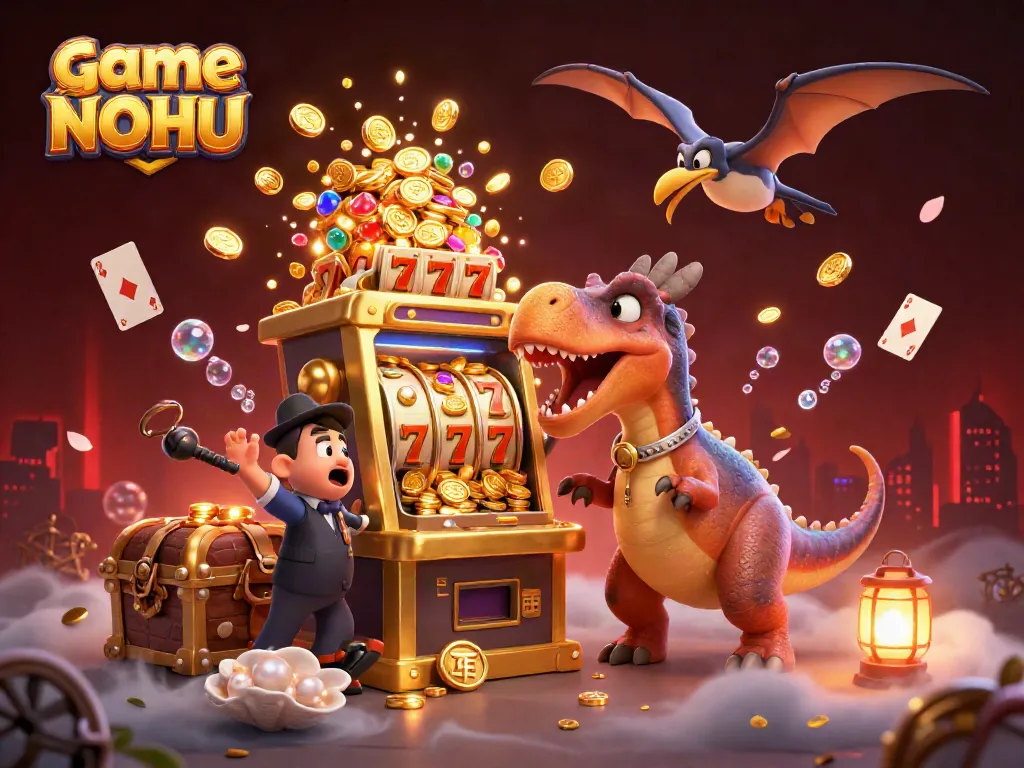 Engage with game NOHU as dinosaurs interact with casino elements, highlighting excitement in a vibrant 3D world.