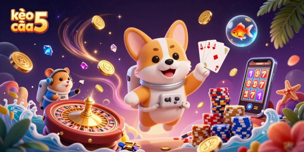Spin the kèo nhà cái 5 roulette wheel while catching golden coins and poker chips in a vibrant casino scene.