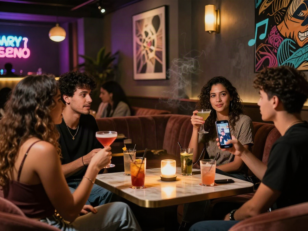 nsfw nightlife scene with friends enjoying cocktails in a stylish lounge setting