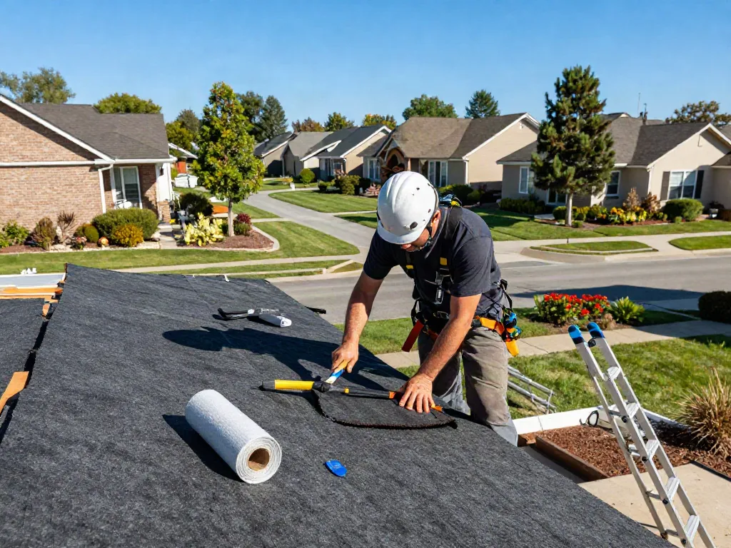 Felt roof replacement in progress by professional roofer on suburban home, showcasing tools and safety gear.