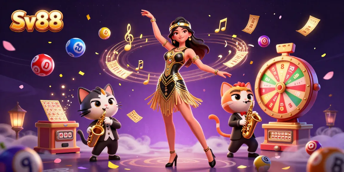 Engage with Sv88 in a vibrant casino scene featuring dynamic lottery balls and golden game elements.