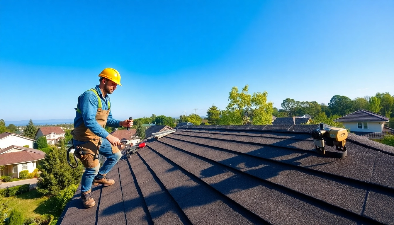 Reliable Roofing company contractor working diligently on a modern home.