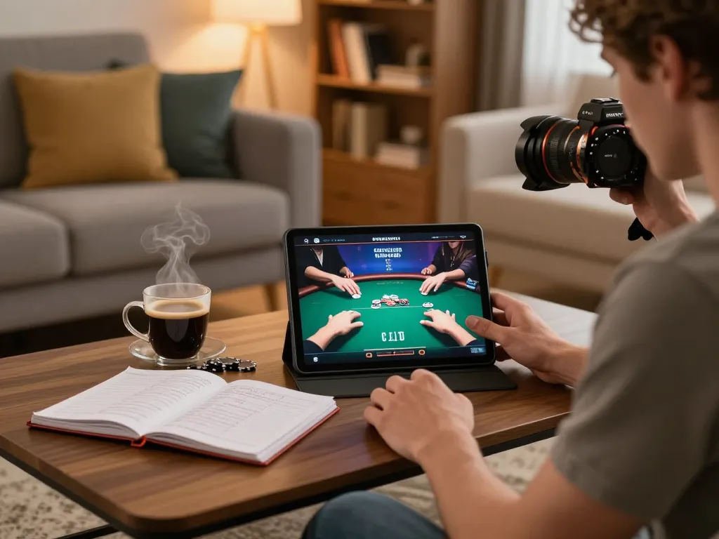 Player enjoys poker on Go88 while analyzing winning strategies in a cozy home setting.