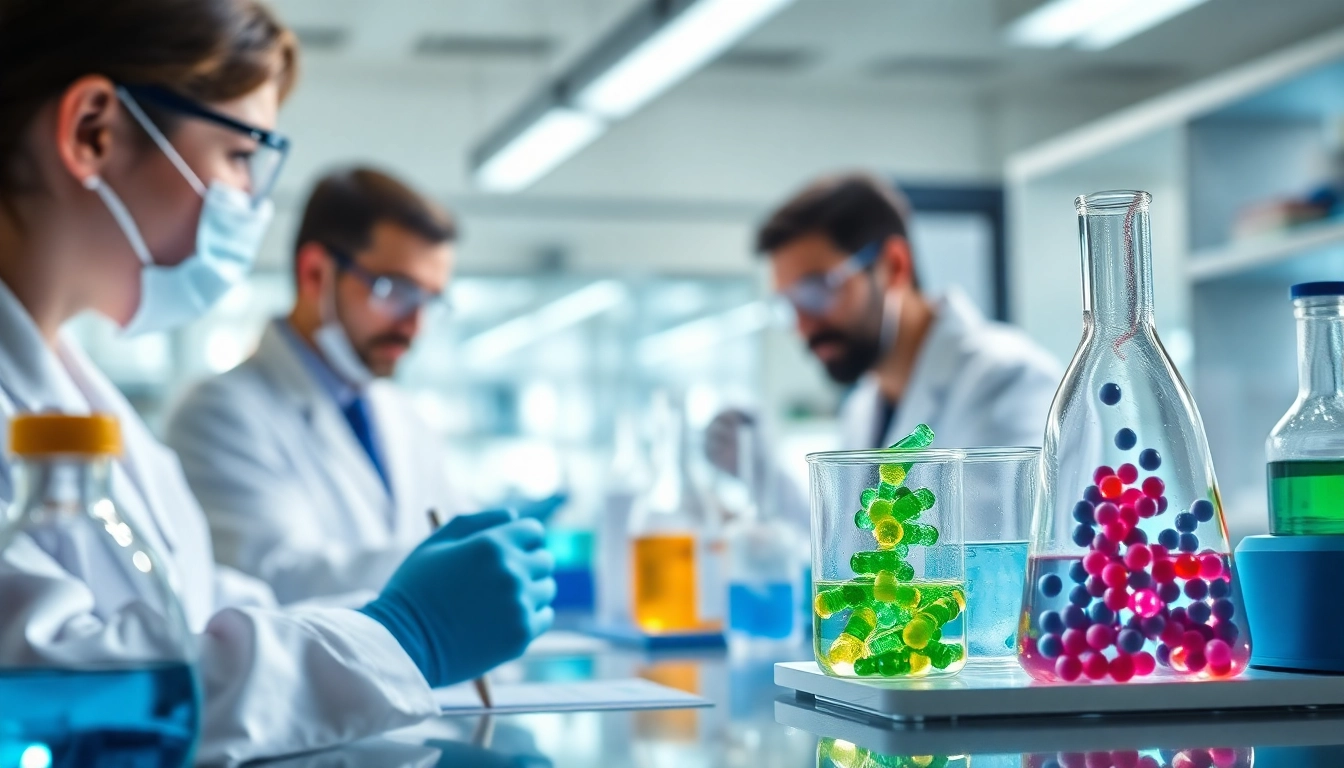 Engaged scientists synthesizing Peptides UK in a high-tech laboratory environment.