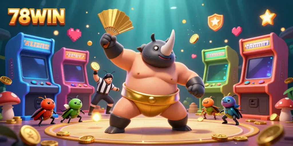 Experience the vibrant energy of 78WIN as a sumo champion beetle triumphantly sends coins flying in a bustling casino scene.