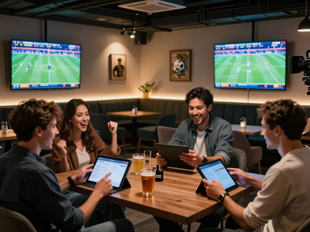 Excited sports bettors engaging with Nhà cái SHBET on mobile devices, surrounded by live event screens.