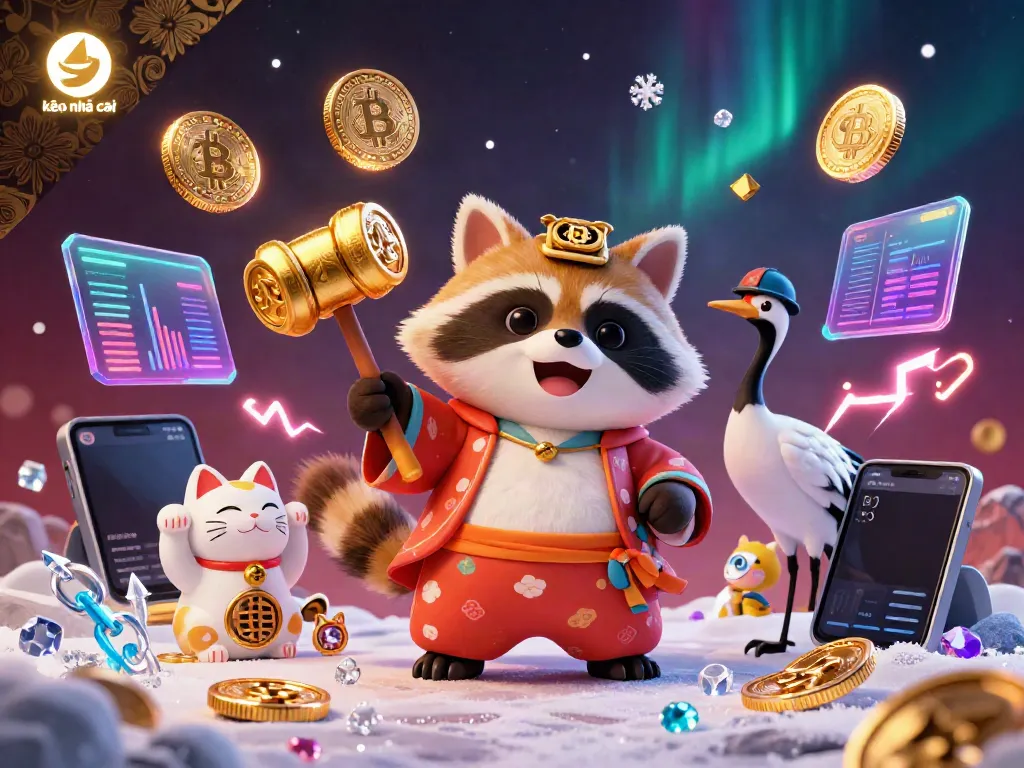 Engaging scene of kèo nhà cái with dynamic characters and glowing crypto elements for online betting.