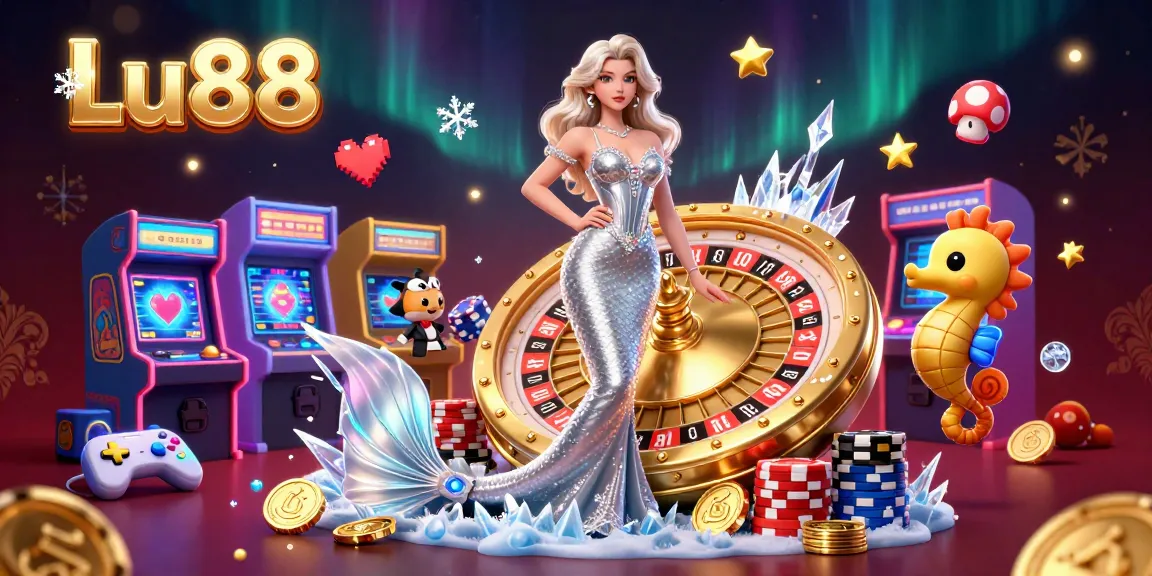 Spin the Lu88 roulette wheel with a stunning woman and a tuxedo seahorse amid colorful gaming elements.