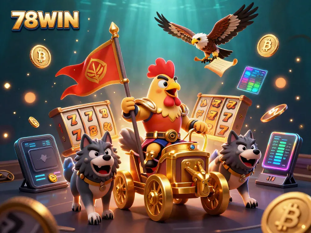 Join the excitement with 78WIN, featuring a cartoon rooster warlord amidst vibrant casino elements.