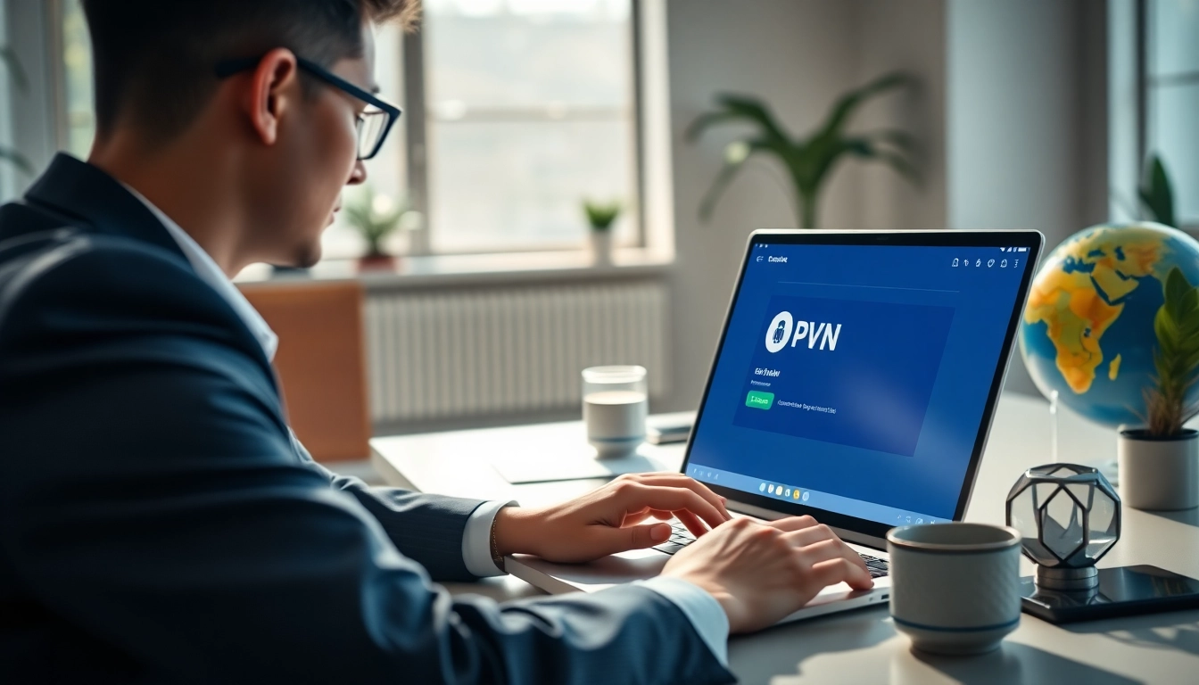 在专业环境中的现代笔记本上的快连官网 VPN 界面。