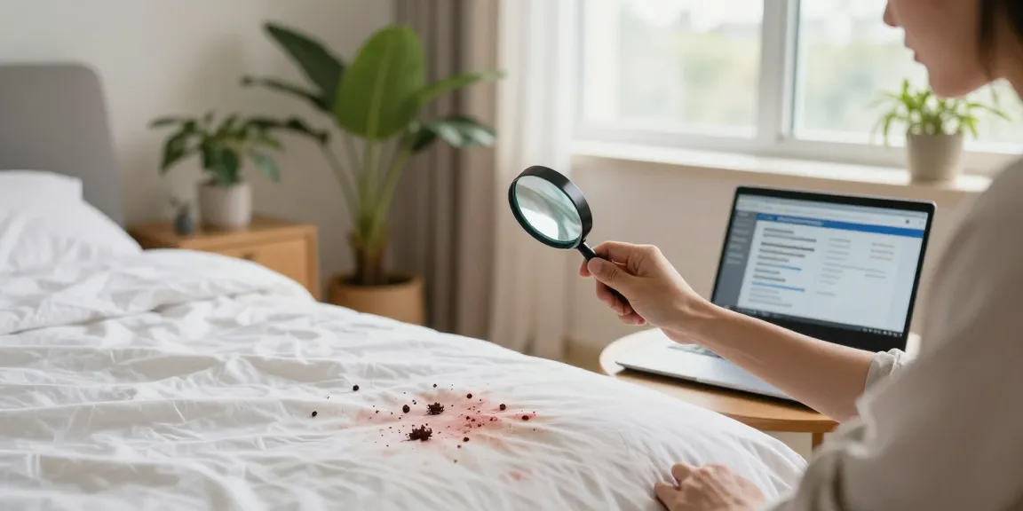 Homeowner inspecting bed for signs of bed bug pest control, with visible stains and a laptop for research.