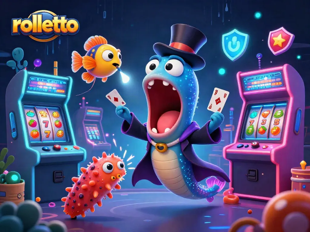 rolletto magic act with a gulper eel, anglerfish, and sea cucumber in a vibrant casino scene