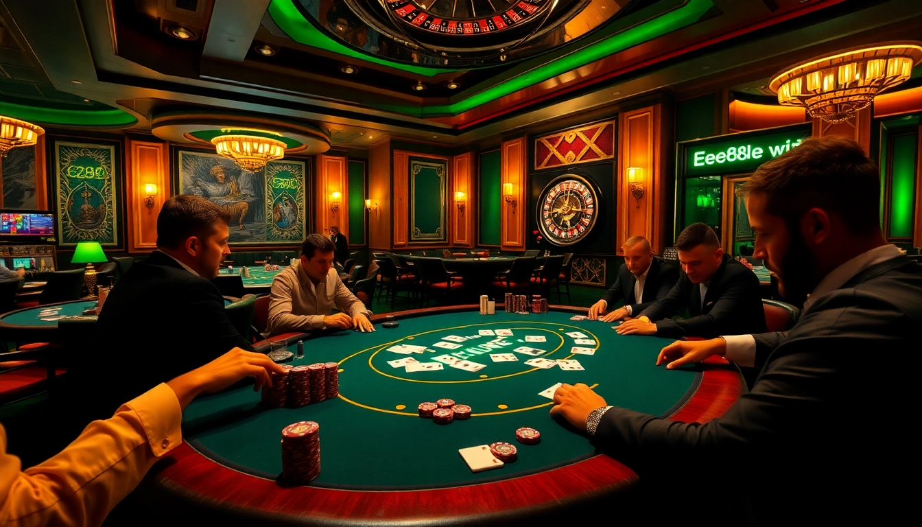 The vibrant casino scene showcasing players at a poker table, embodying excitement and professionalism in gambling with ee88e elements.