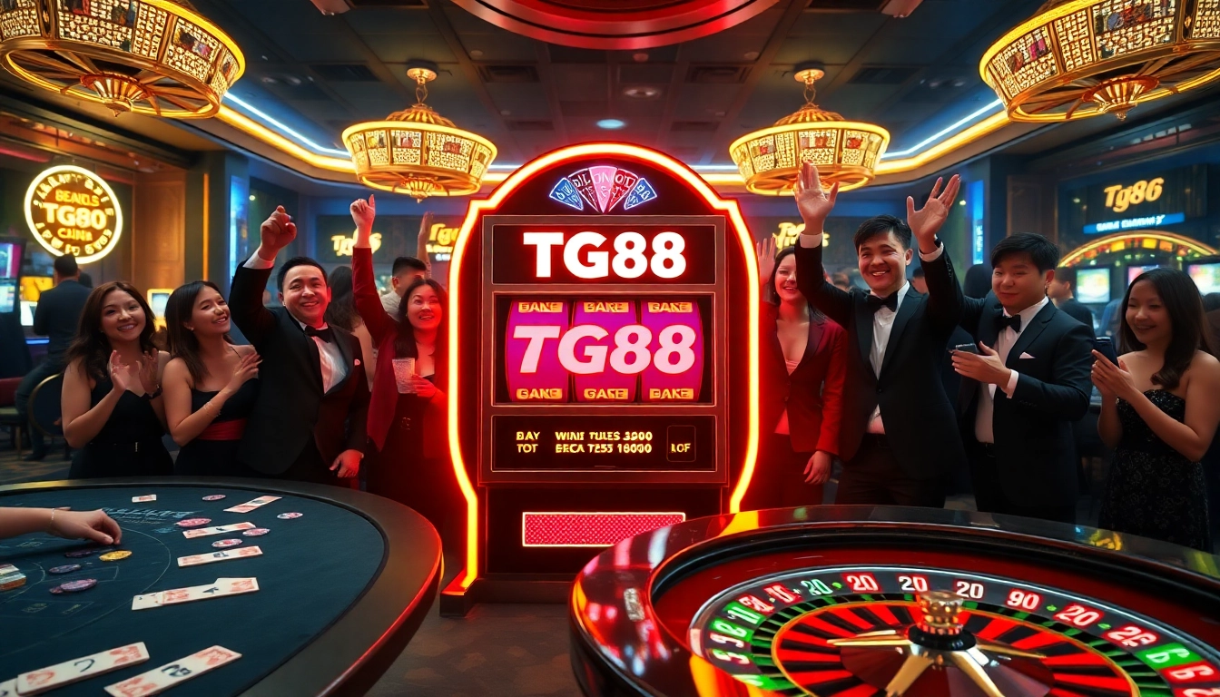 TG88 slot machine featured in an exciting casino scene with players enjoying games and colorful lights.