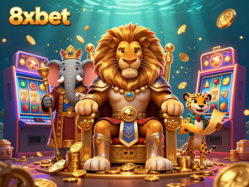 Engage with the lively world of 8xbet, featuring a lion king, wise elephant, and cheetah amidst slot machines.