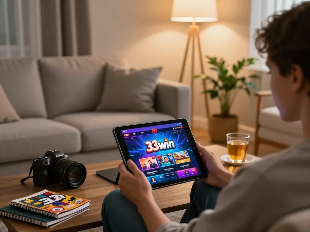 Engaging in online gaming strategies with 33win on a cozy sofa.