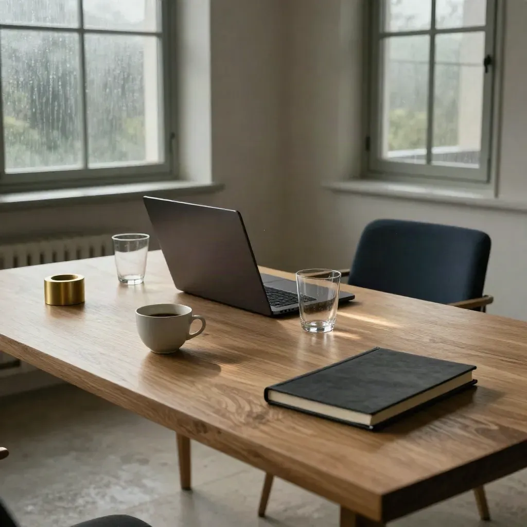 Rain-hazed consultancy room with oak table, laptop, notebook, cup and empty chair