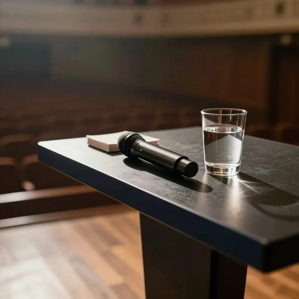Empty podium with mic, cue cards and water in a dark auditorium, lit by warm side light.