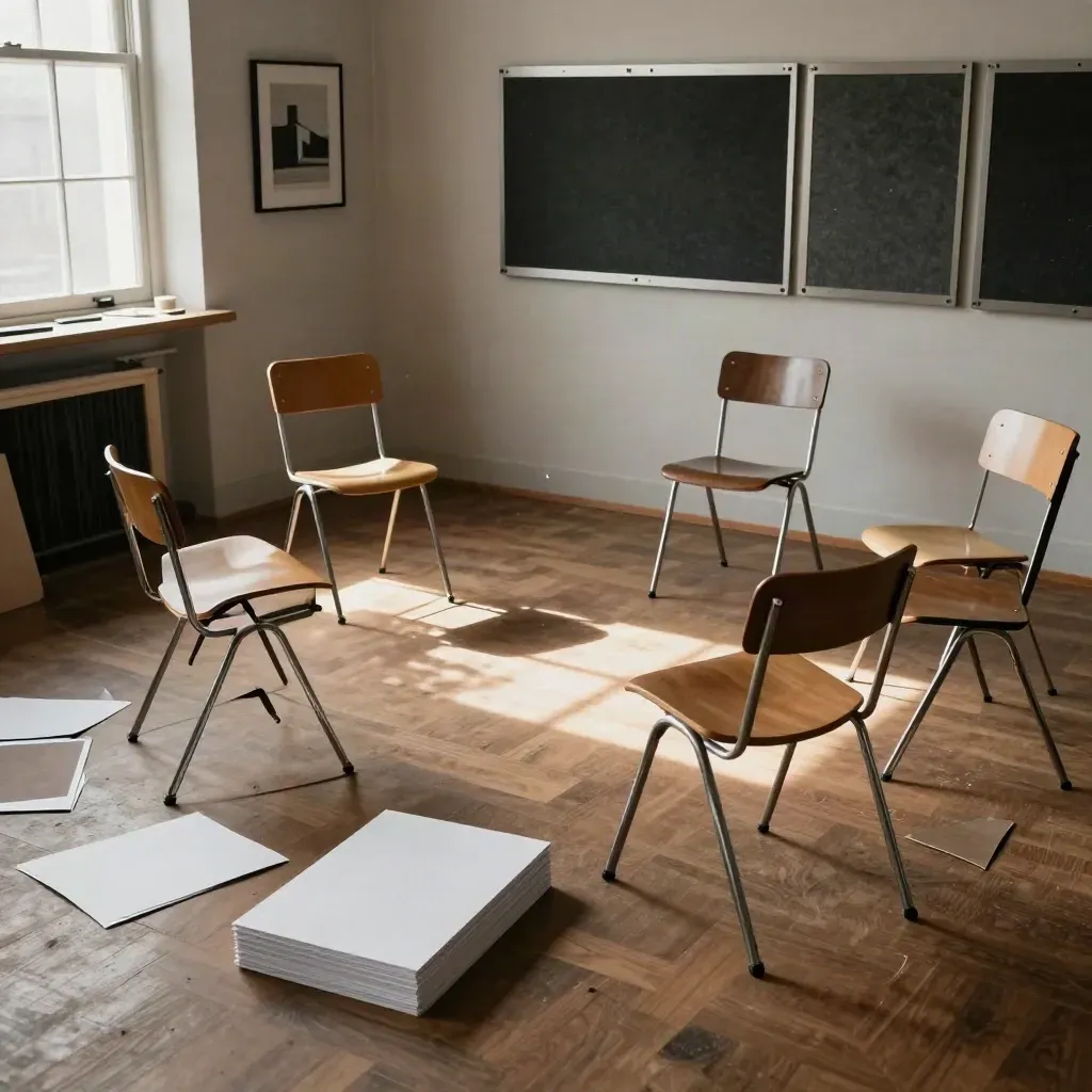 High-corner view of a workshop room with chairs, workshop cards and a pinboard in sunlight