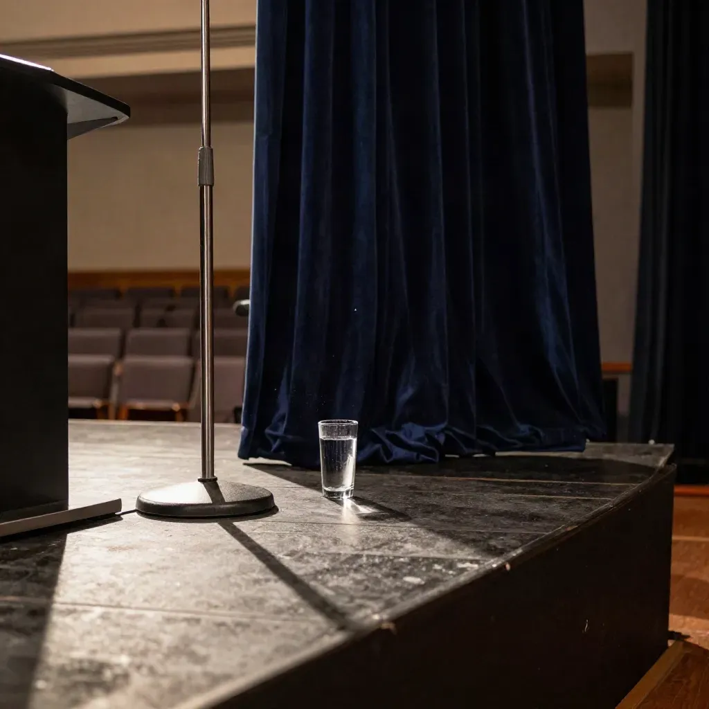 Stage-side view of a microphone stand, water glass and podium edge under dramatic light.