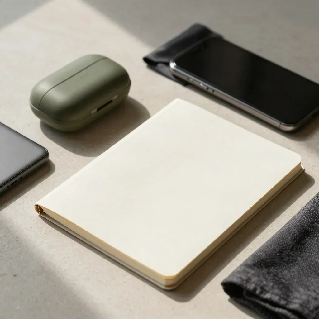 Startup call pack on a desk: notebook, headset case, phone and cloth in morning light.