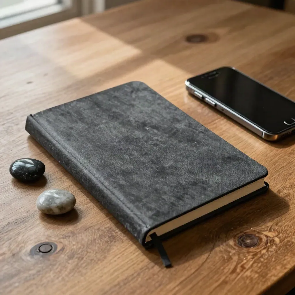 Overhead consulting review table with closed notebook, three stone paperweights and a face-down phone.