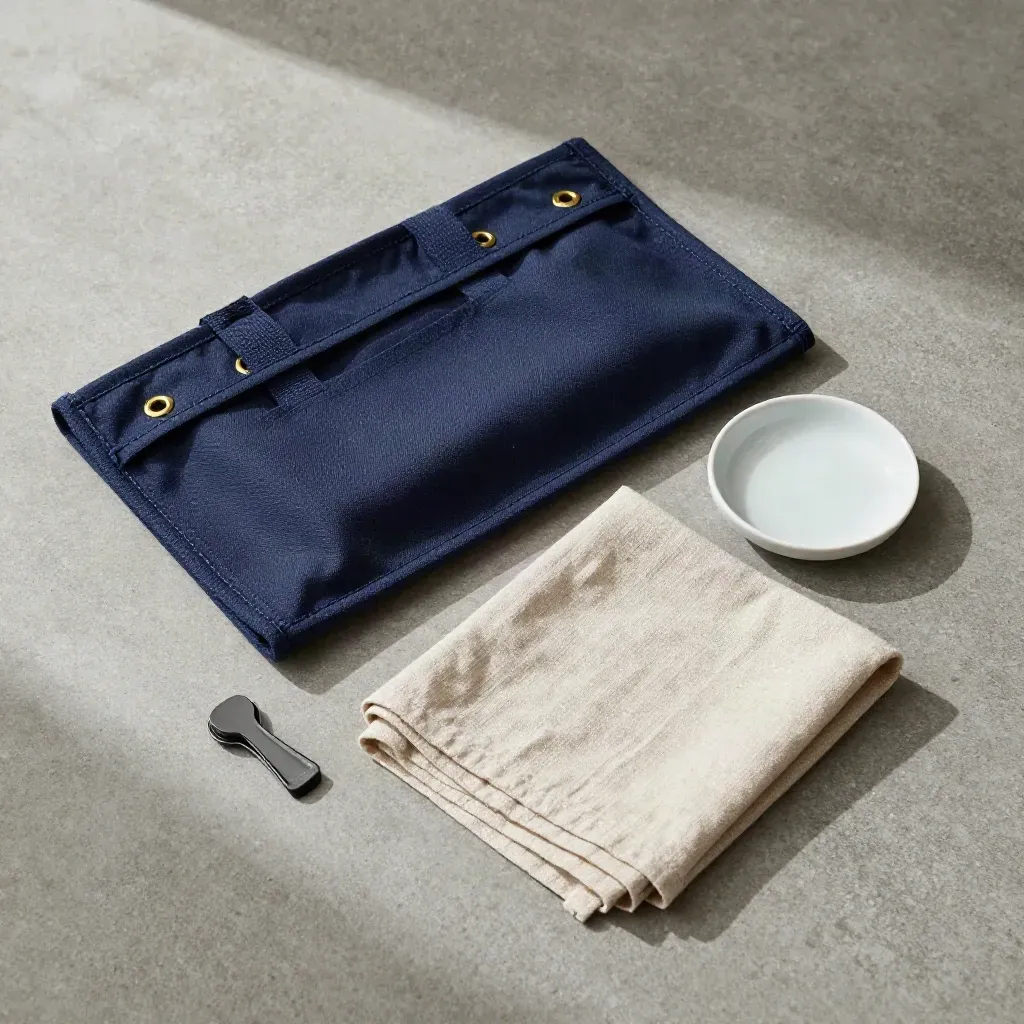 Overhead flatlay of a navy tool roll, linen cloth, ceramic dish and cable clip on concrete.