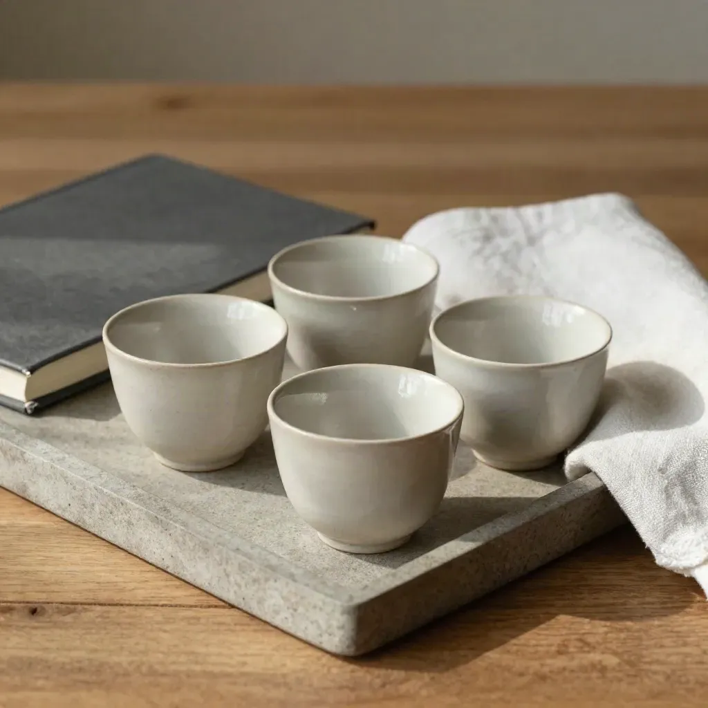 Four ceramic cups on a stone tray with a closed notebook and linen cloth on warm wood.