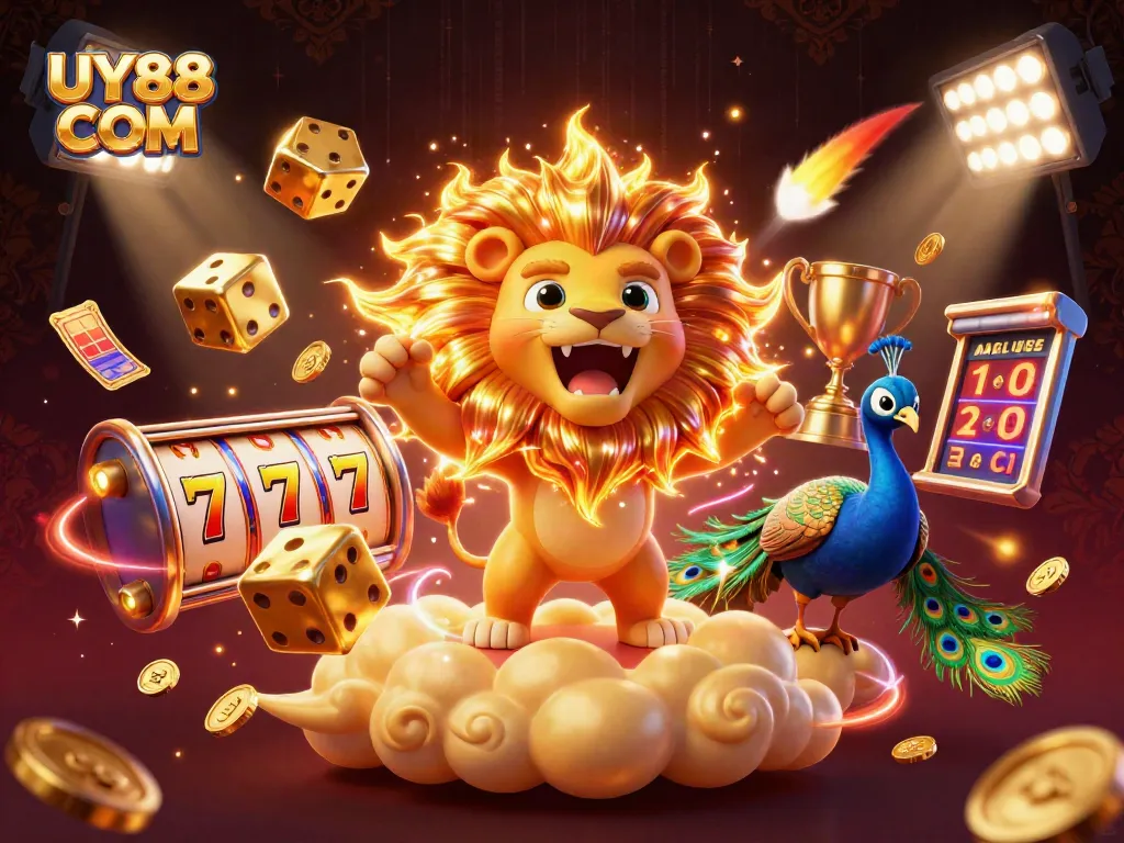 Engage with UY88 COM's thrilling jackpot games, highlighted by a vibrant 3D casino scene.