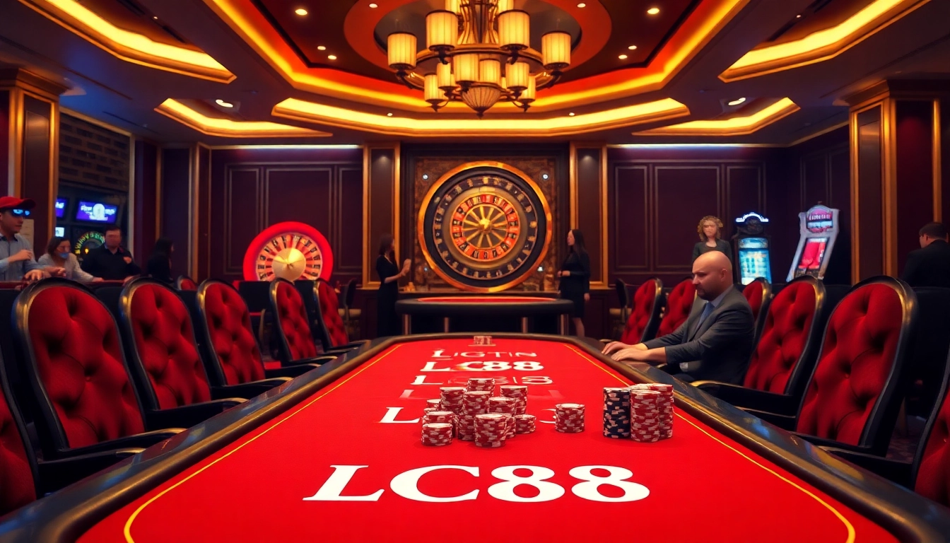 Experience the excitement of LC88 at a luxurious casino gaming table with poker chips and players.