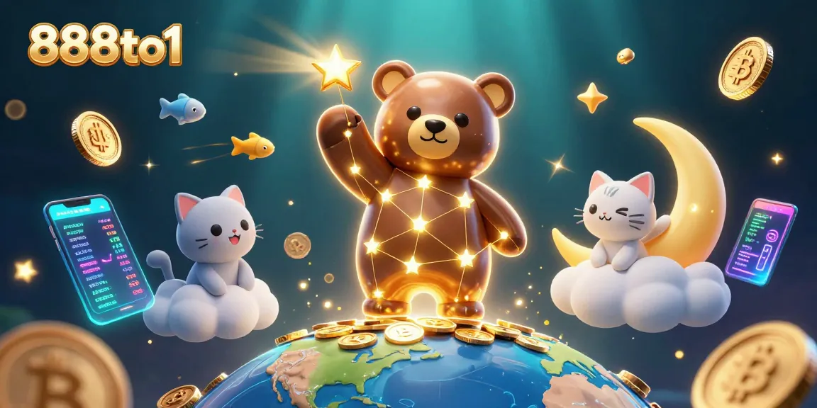 888to1 features a constellation bear and fish companions exploring digital gambling treasures.