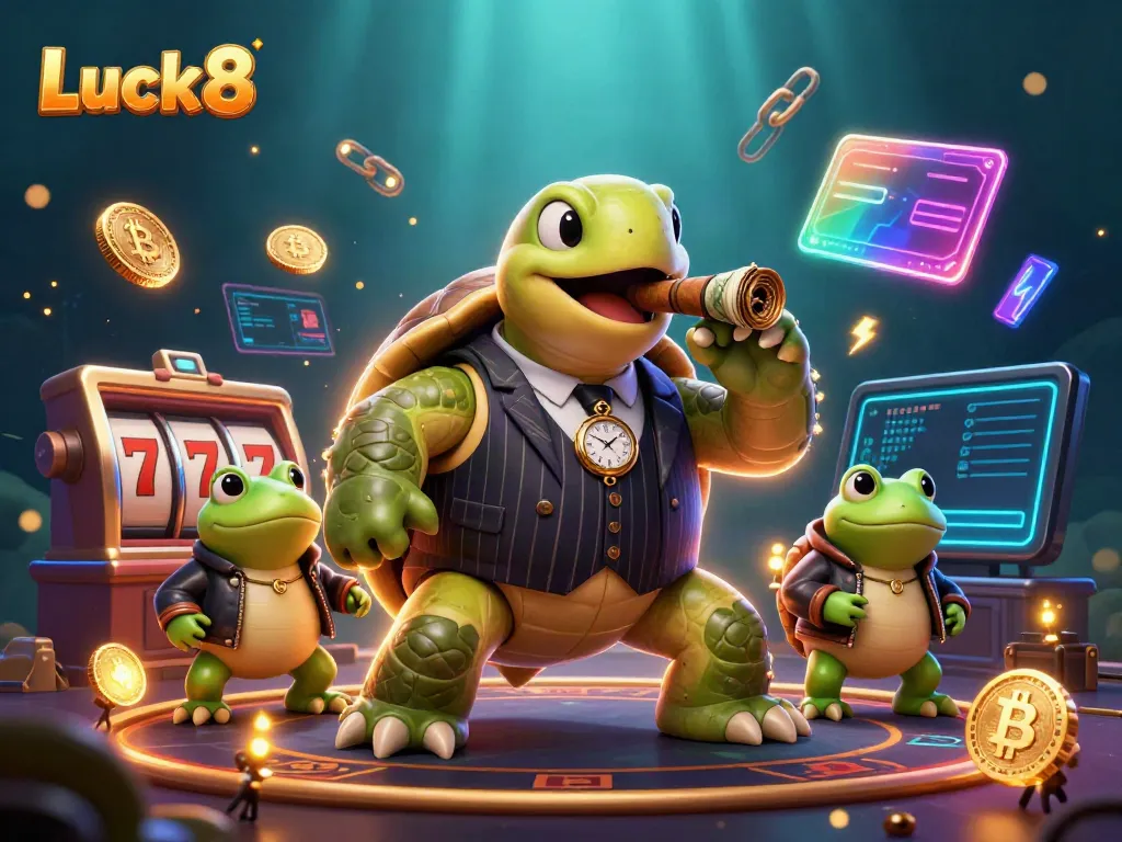 Engage with Luck8's vibrant 3D casino world powered by crypto, showcasing exciting games and characters.