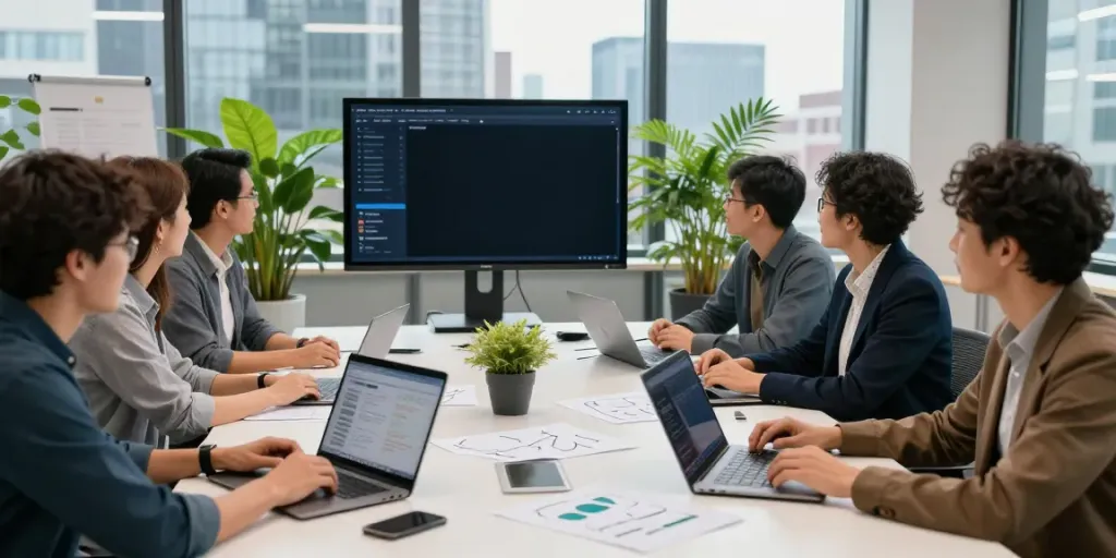 Team brainstorming paid ads management strategies in a modern office.