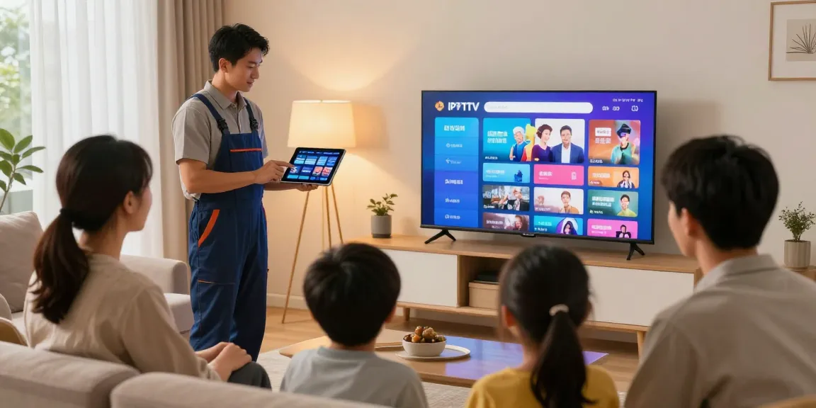 Professional contractor showcasing IPTV service installation in a comfortable living room.