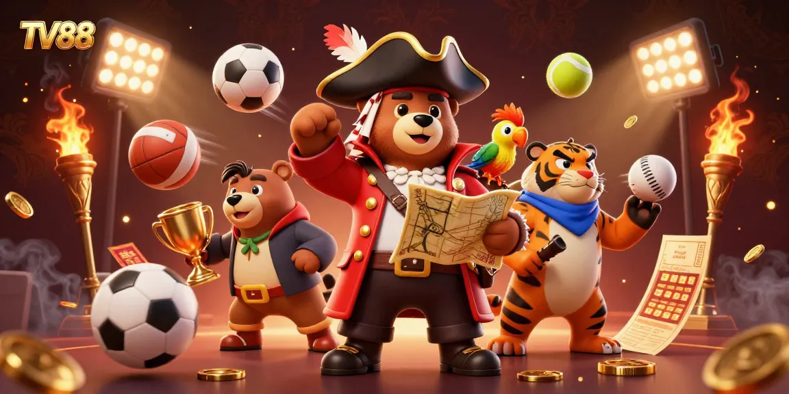 Join the excitement at TV88 with thrilling sports and casino games, featuring dynamic characters and vibrant gold elements.