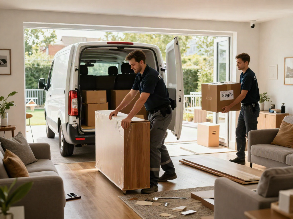 House movers London furniture removals team packing furniture in a bright, spacious living room.