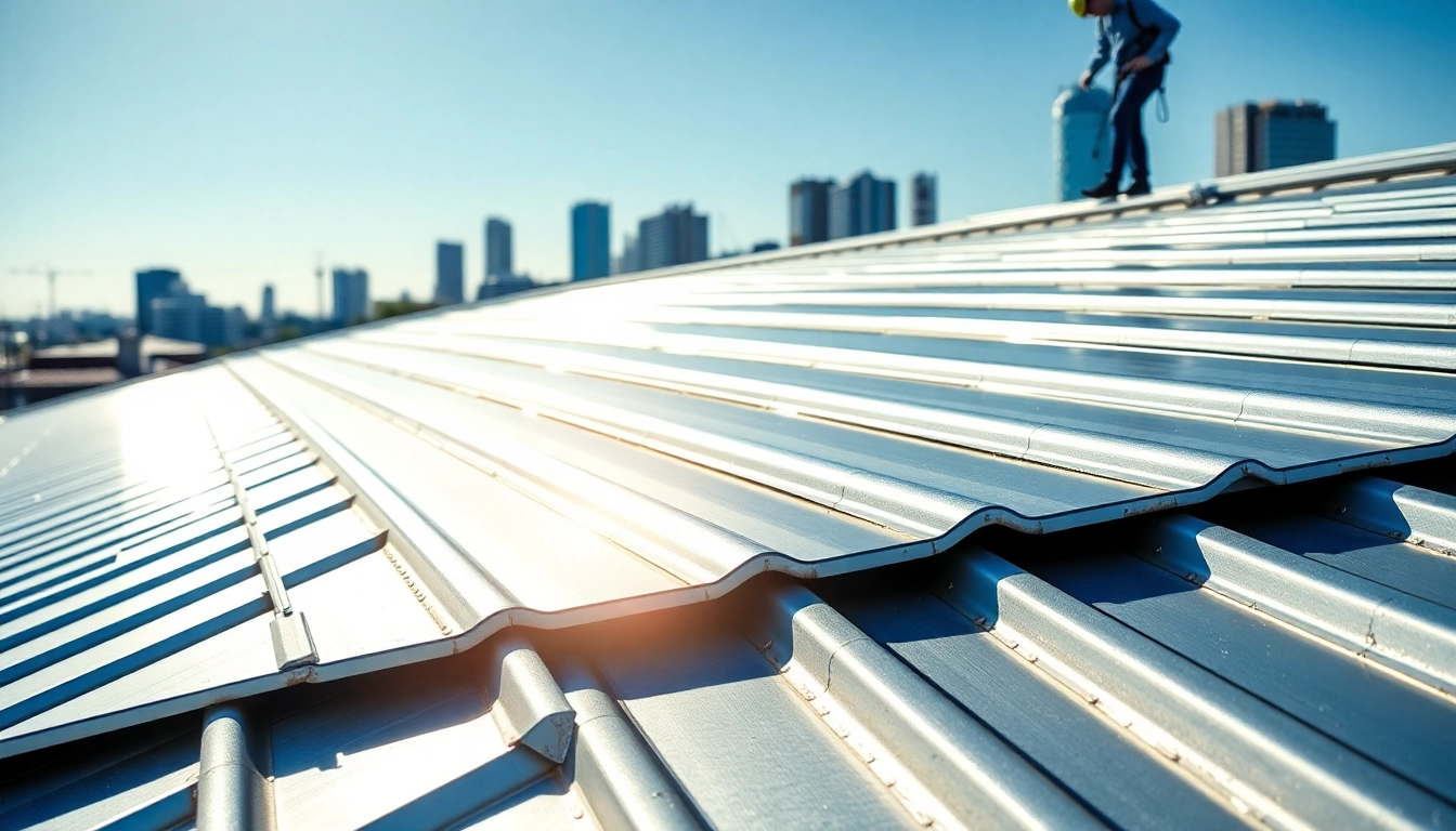 Installing durable metal roofing toronto with a professional contractor in a sunny urban environment.