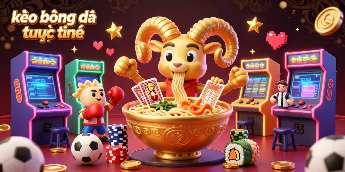 Kèo bóng đá trực tuyến illustration with dynamic sports betting characters in a vibrant casino scene.