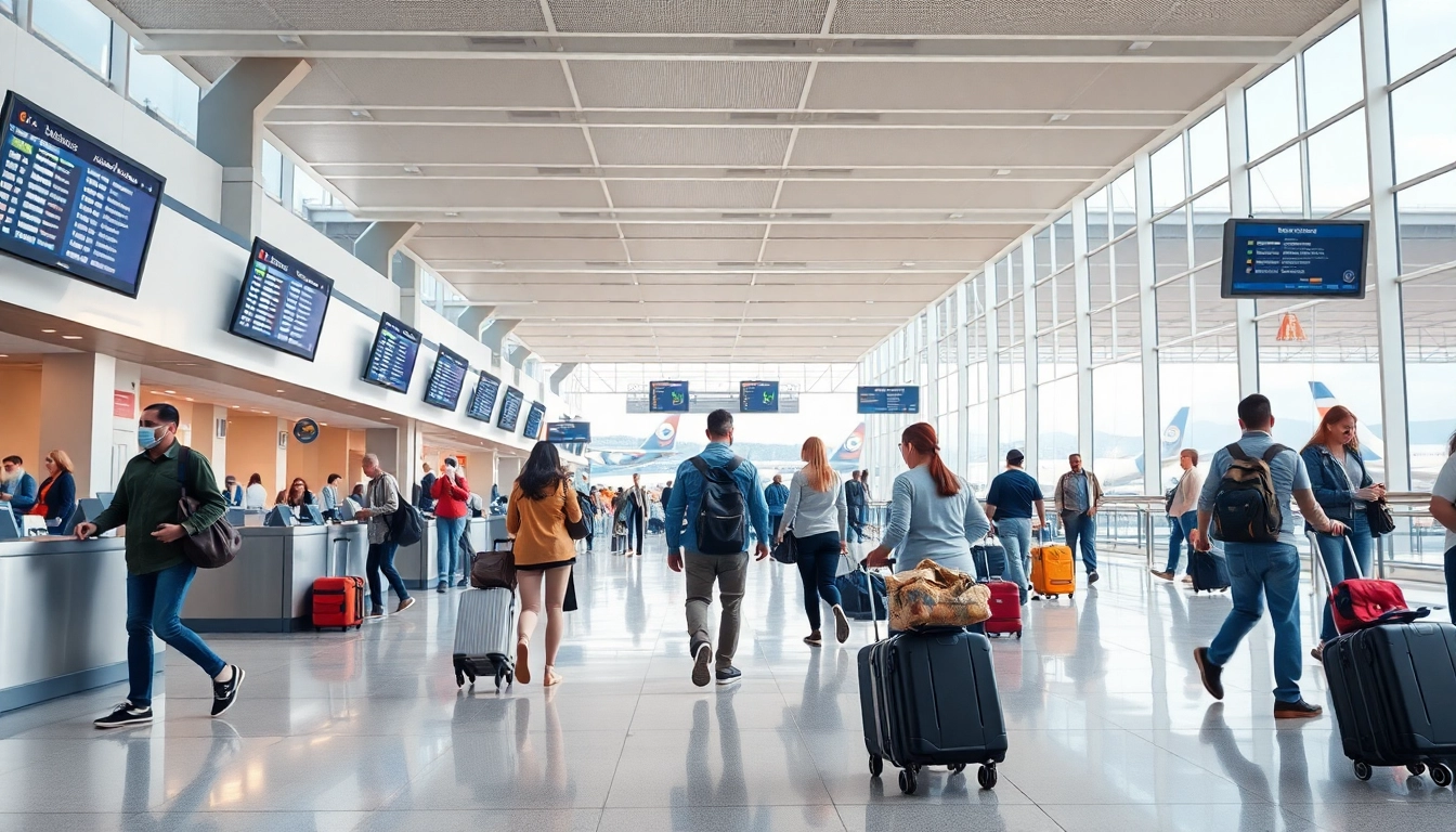 Travelers navigating the dynamic city airport, showcasing vibrant activity and modern facilities.