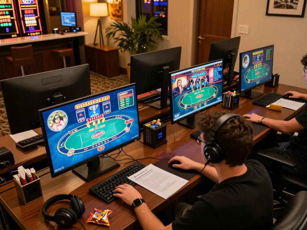 Engaged player exploring SC88 online casino games on multiple screens in a cozy gaming setup.