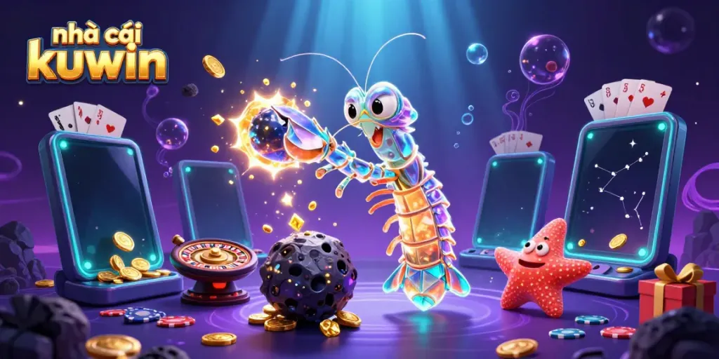 Engage with the nhà cái kuwin, a vibrant casino scene showcasing exciting gaming elements and playful characters.