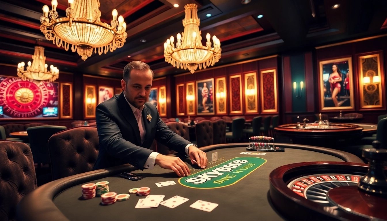 Engaging scene of a luxurious SKY88 poker game with vibrant casino elements and inviting atmosphere.