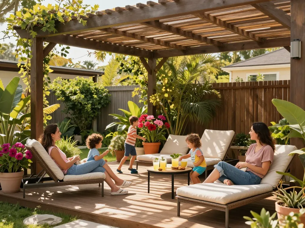 Family enjoying outdoor relaxation under a pergola configurator, surrounded by greenery and refreshments.