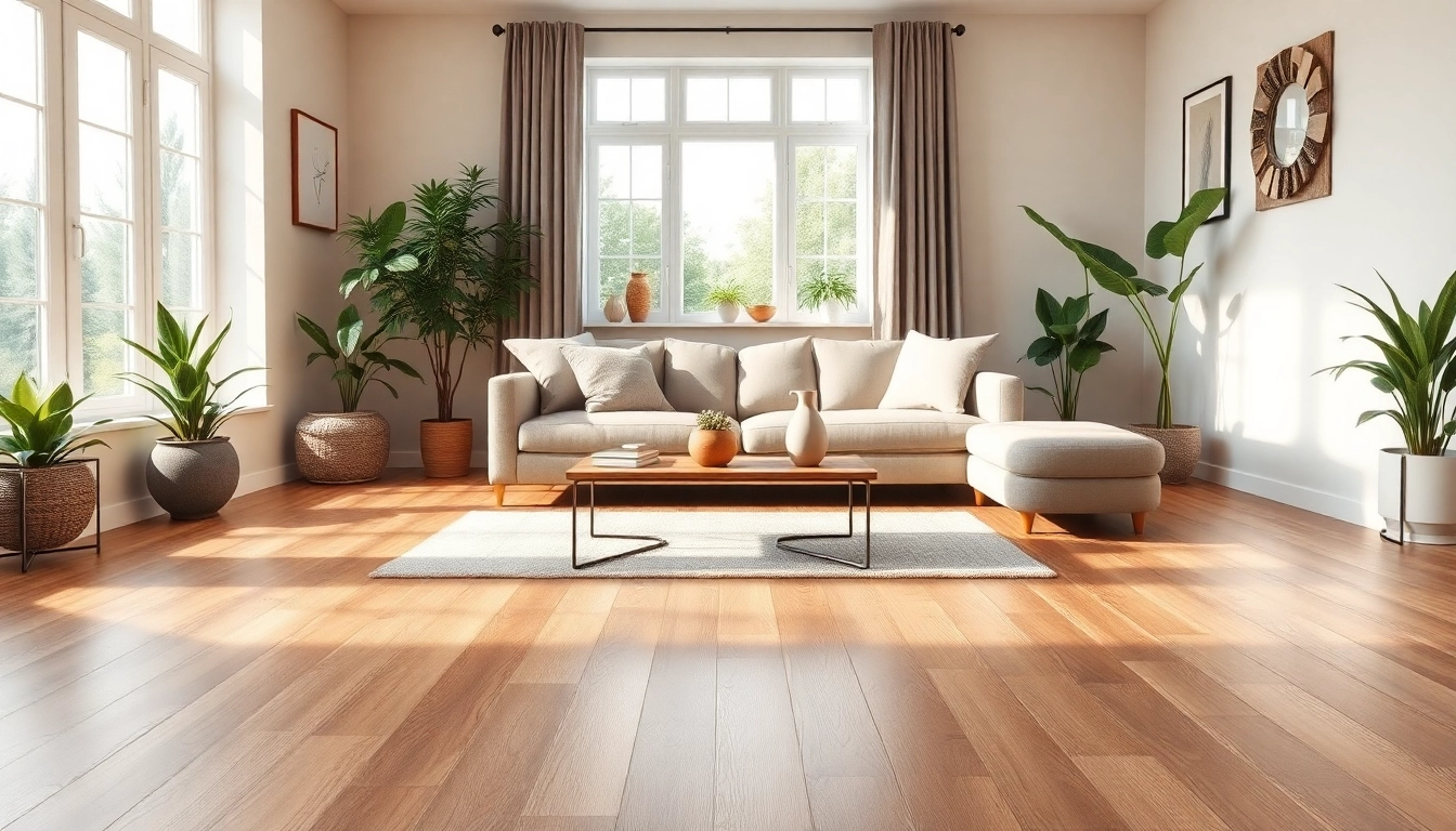 Bright living room with cheap vinyl flooring showcasing comfort and style.