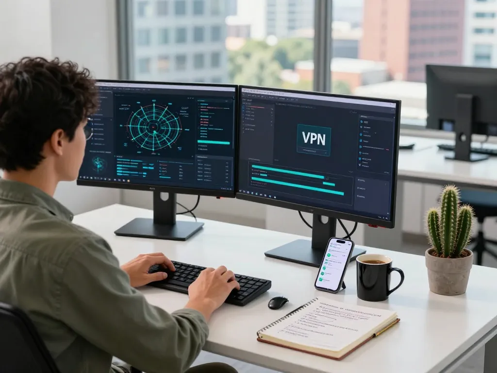 IT professional optimizing 快连 VPN in modern workspace with dual monitors and city view.