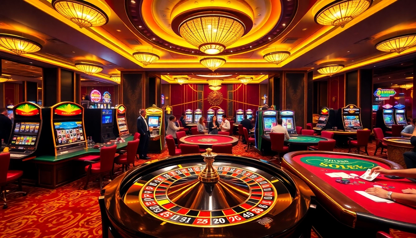 Experience the thrill of casino gaming with BJ88, featuring poker tables and vibrant slot machines.