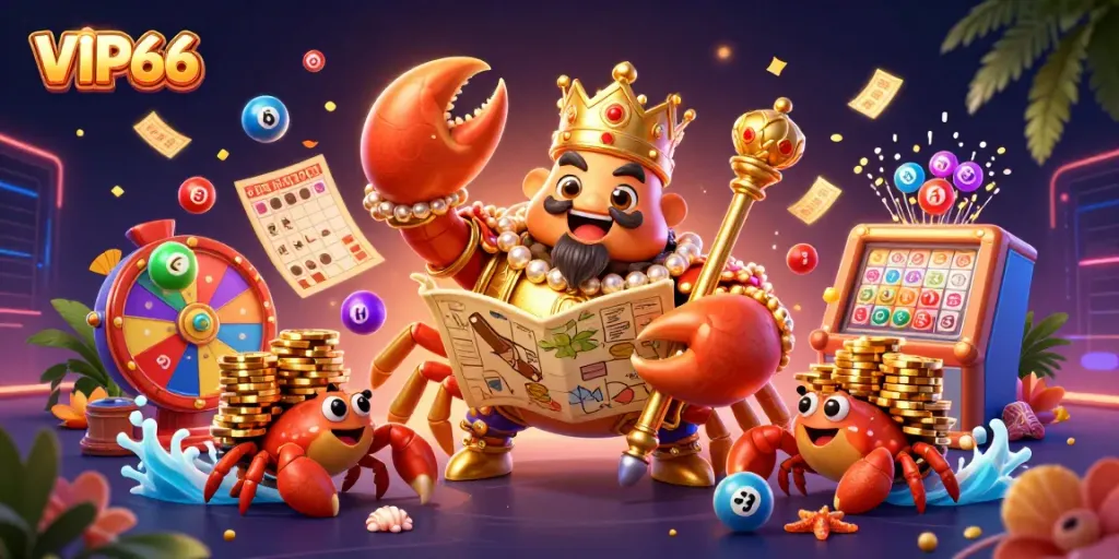Experience VIP66's vibrant casino magic with a golden crab emperor and lottery elements.