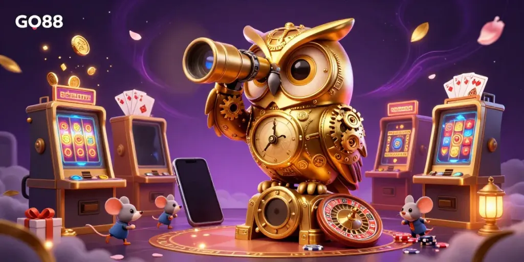 Experience the vibrant world of GO88 with a golden owl and playful mice amidst lively casino elements.